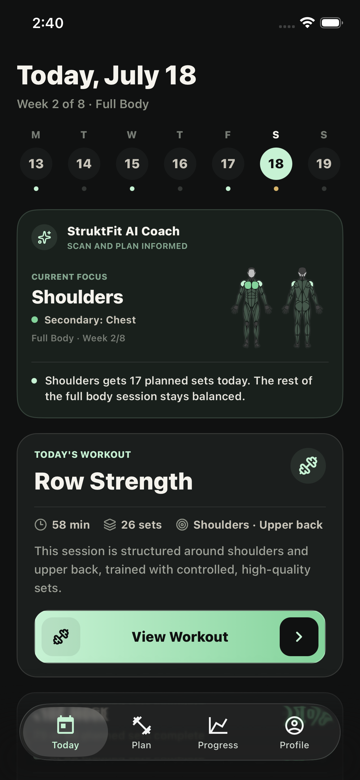 StruktFit Today screen showing the current training focus and workout